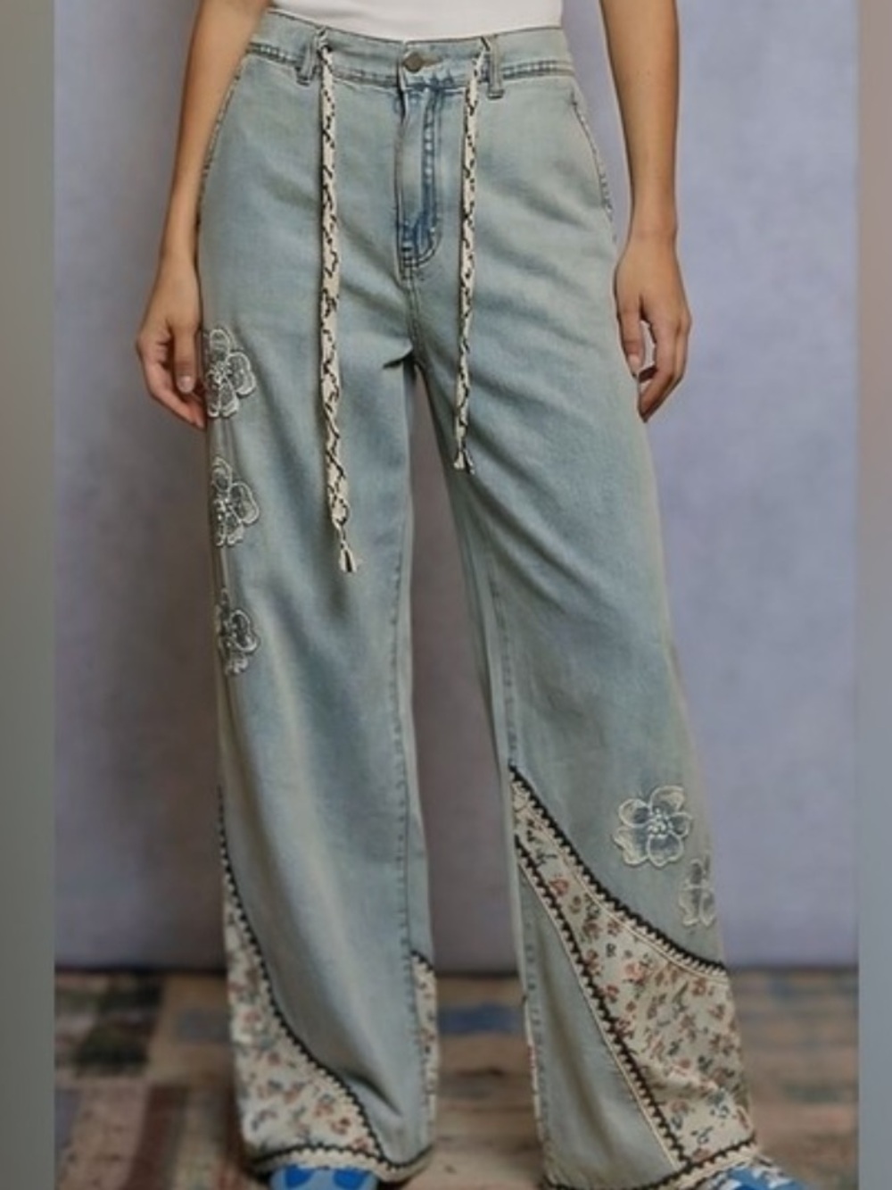 POL Boho Patchwork Floral Wide Leg Drawstring Jeans Women's Size M